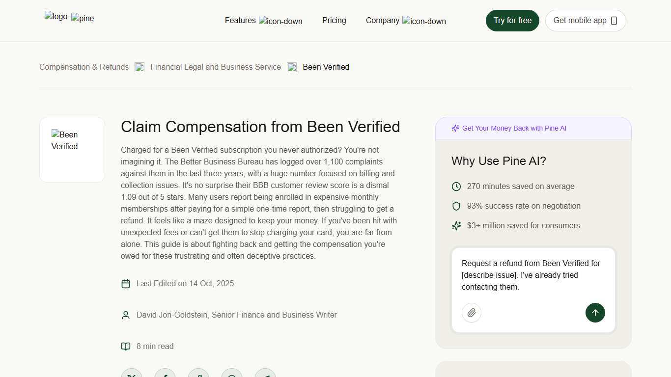 Claim Compensation from Been Verified Pine AI
